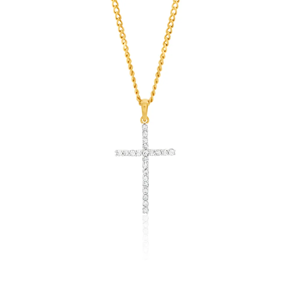 9ct Yellow Gold 1/10 Carat Diamond Cross Pendant Set with 22 Brilliant Diamonds